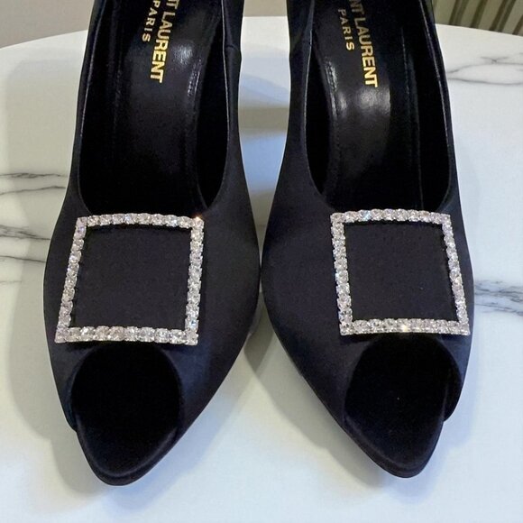 NIB Authentic Saint Laurent Black Frankly 115 Satin Peep Pump Sandals - Picture 14 of 16